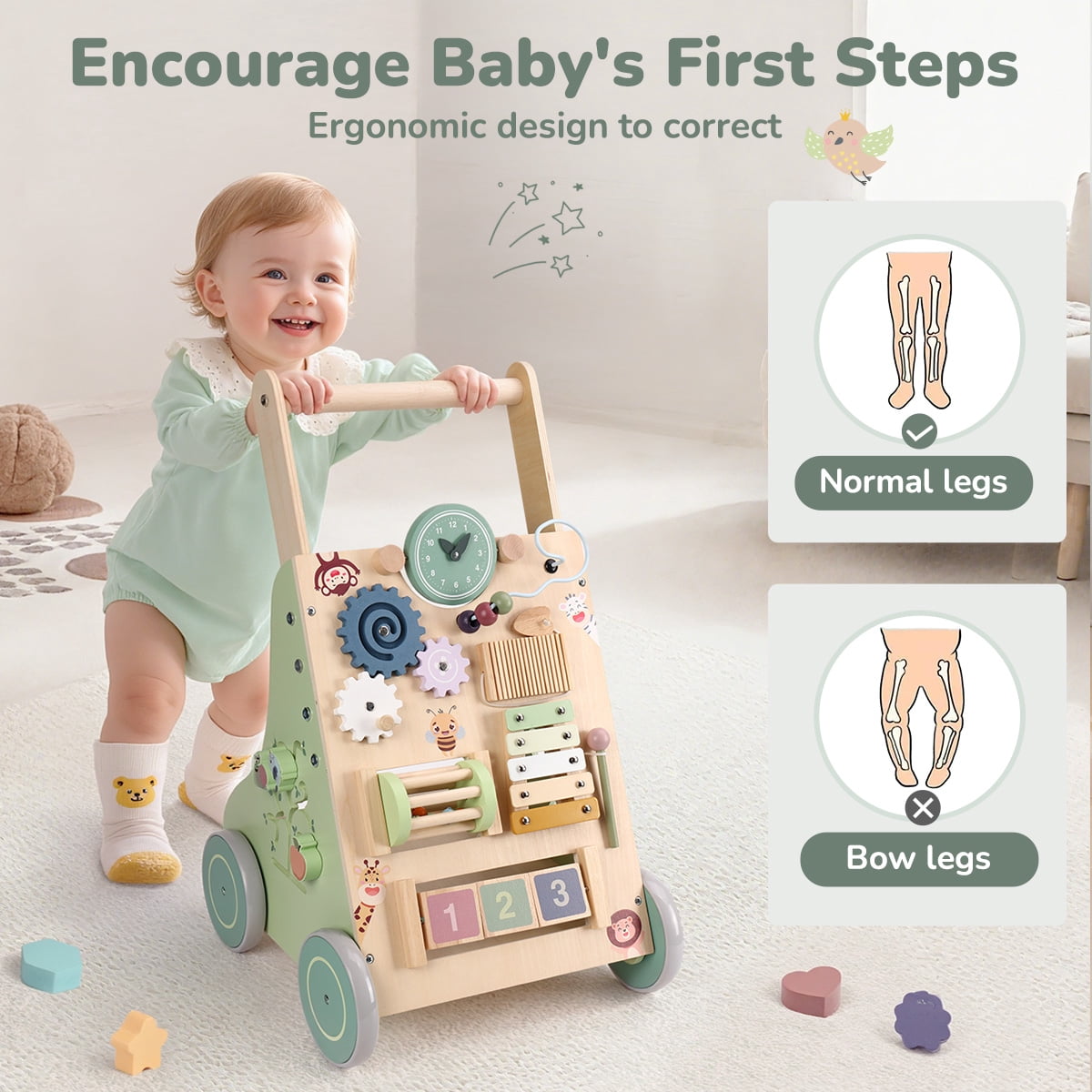 Wooden Baby Walker, Caveen Montessori Push Walker with Activity Center，Adjustable Speed and Height Baby Push Walking Toys for 12 Months