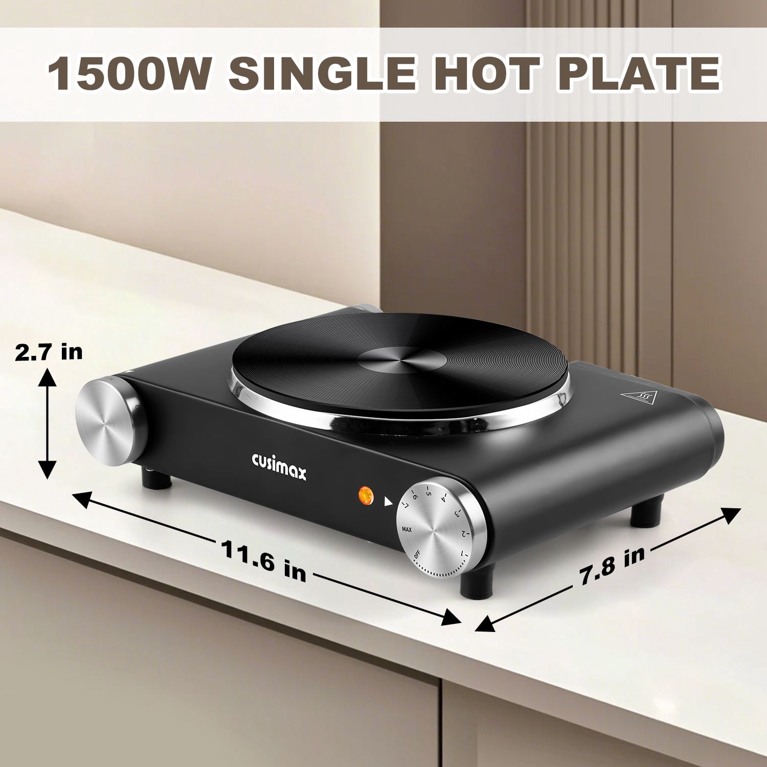 Cusimax 1500W Electric Hot Plate for Cooking Portable Single Burner Heat-up in Seconds Adjustable Temperature Control Stainless Steel Black