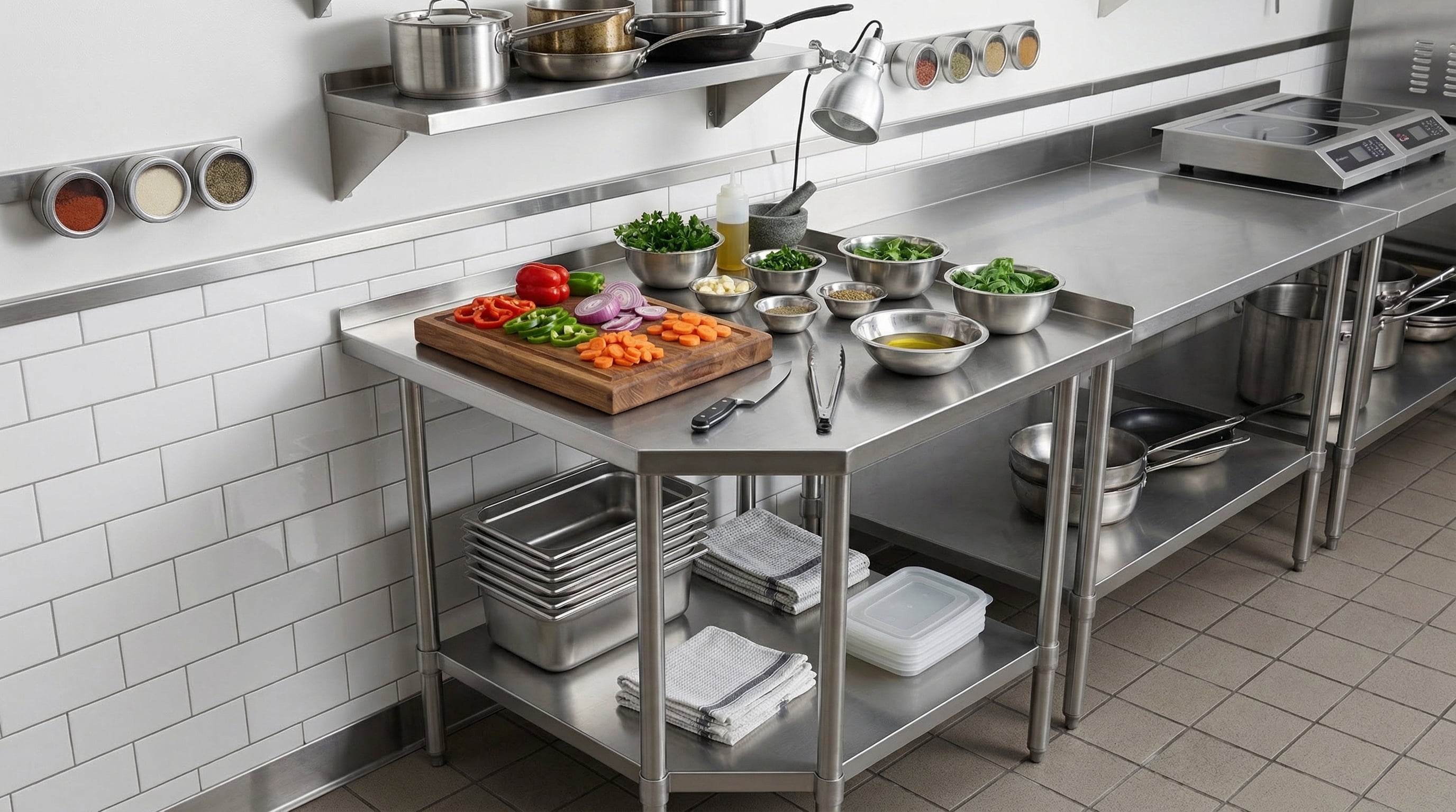 Stainless Steel Corner Work Table 30 in. x 30 in. x 35 in. with 1.5in. Backsplash, Galvanized Undershelf, 5 Leg Support, Commercial Prep Table for Restaurant Kitchen Utility