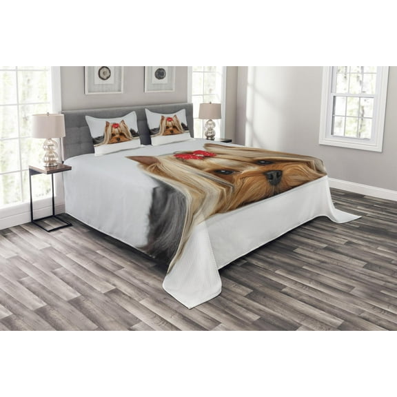 Ambesonne Yorkie Quilted Bedspread Set 3 Pcs, Lying Dog Ribbon Love, King Size, Pale Caramel Sand Brown
