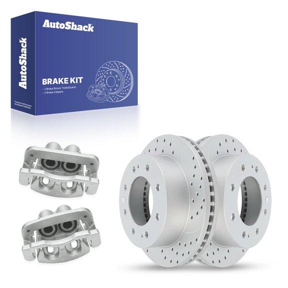 AutoShack Front Brake Rotors & Calipers for Chevrolet, Suburban 2017-2019, 4WD RWD V8 5.3L 6.2L - Coated Drilled & Slotted - Silver Matte Finish - TurboGuard - 13.99" (355.3 mm), 8-Lug