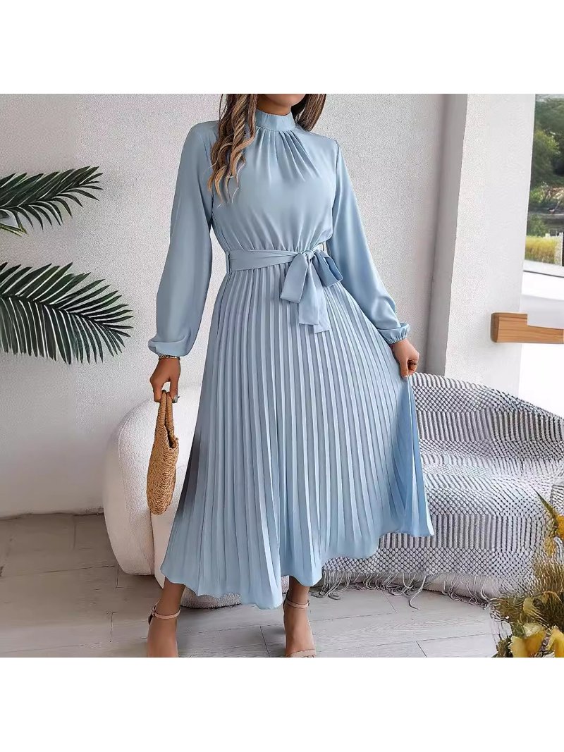 Yesfashion Autumn and Winter Elegant Women's Dress Stand Up Collar Long Sleeved Waist Cinched Long Skirt, Size: Medium, Blue