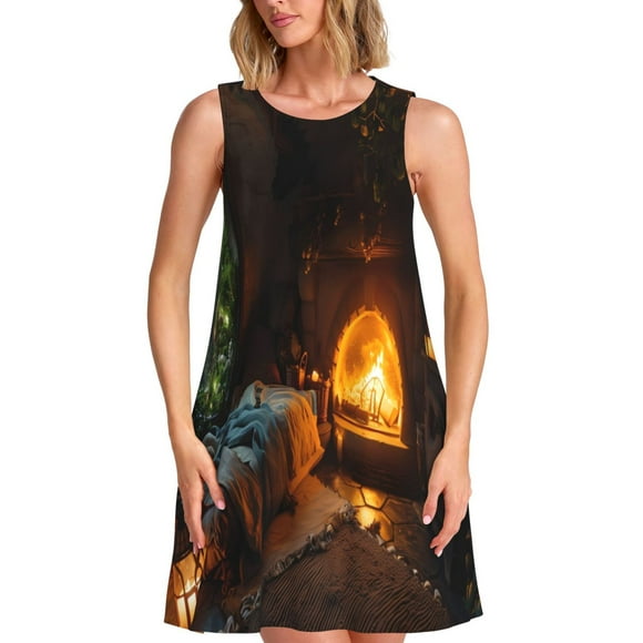 Gaeub Cozy Tree Hole Cabin Print Women's Sleeveless Dresses,Beach Casual Tank Loose Sundress,A Line Beach Dresses with Pockets,Womens Summer Maxi Dress