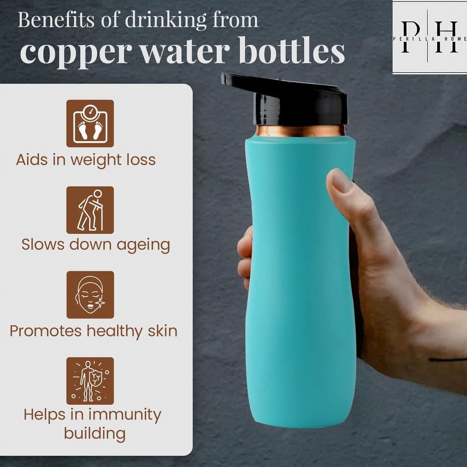 Perilla Home 100% Aqua Blue Pure Copper Bottle With Sipper & Lid 25.37 Oz Ayurvedic Bottle With Leak Proof Contains Health Benefits For Drinking Water For Men Women Gym Yoga Indoor Outdoor Office