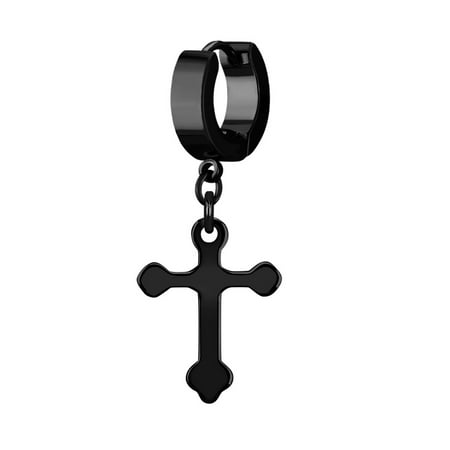 iJewelry2 Black Tone Stainless Steel Unisex Huggie Hoop Earring with Dangling Cross Ornament