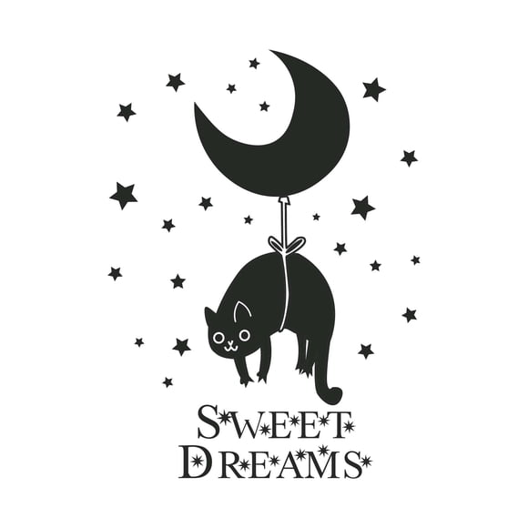 Sweet Dreams Cute Cat Hanging On Moon Good Night Quote Design Wall Art Sticker Designs Vinyl Stickers For Home House Walls Rooms Windows Bedroom Decoration Size (28x28 inch)