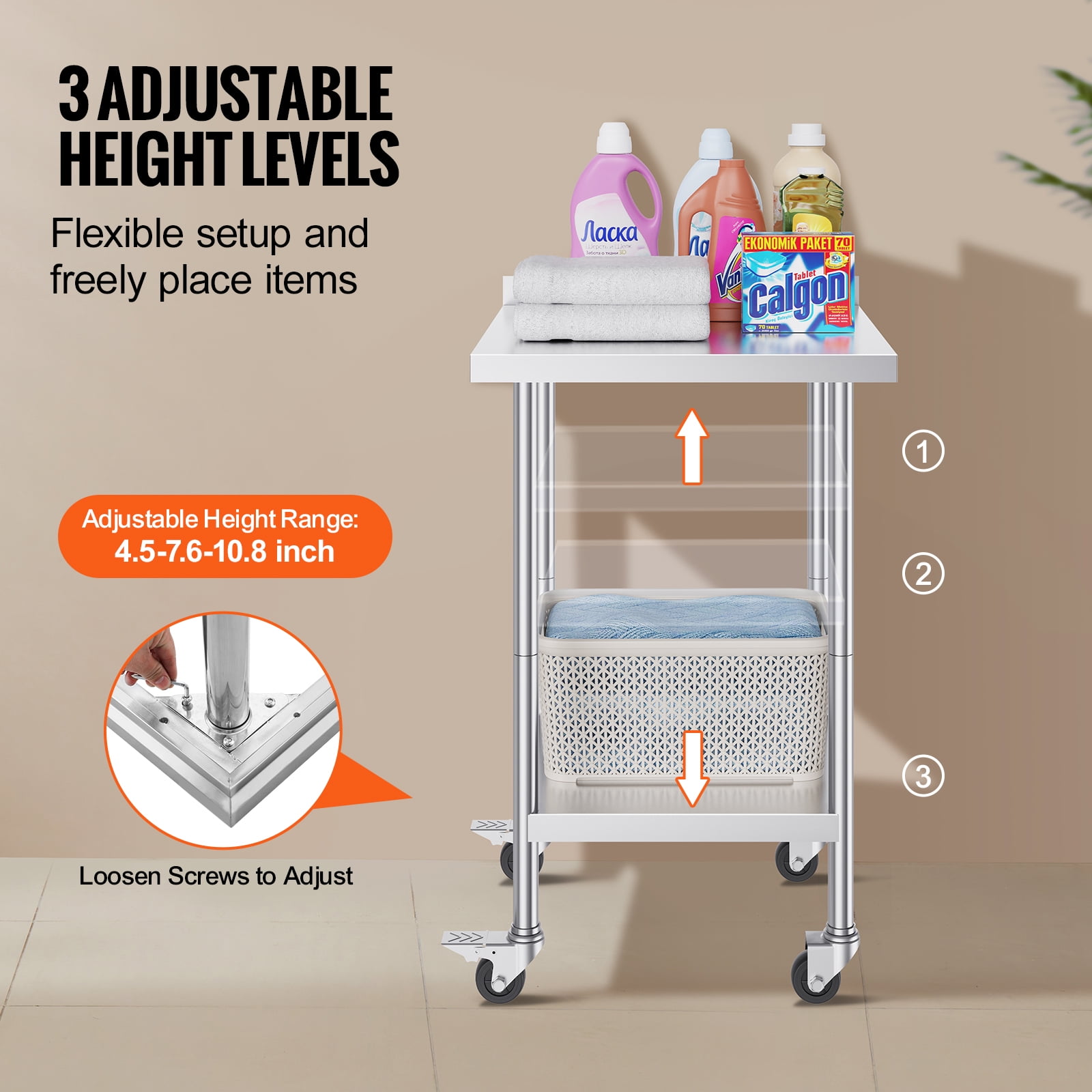 KFFKFF 24 x 24 x 40 Inch Stainless Steel Work Table, Commercial Food Prep Table with Wheels, Durable Metal Table with Adjustable Height for Kitchens, Restaurants, and Hotels