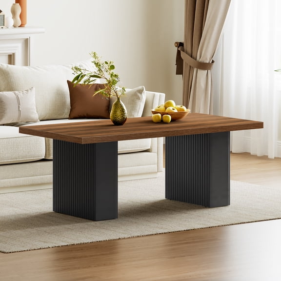 HOOBRO Minimalist Coffee Table with Fluted Legs, Black and Walnut