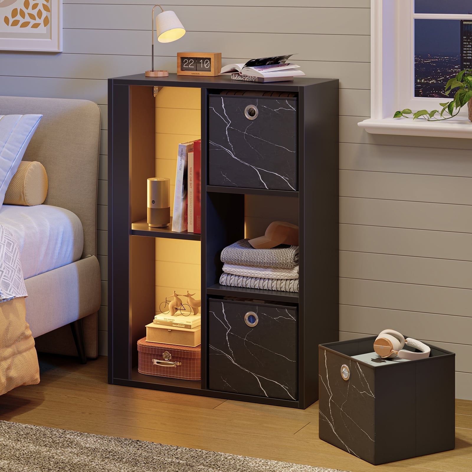 Pinmoco 5-Cube Kid's Bookshelf LED Toy Storage Organizer with Three Marbled Fabric Drawers for Playroom Storage, Black