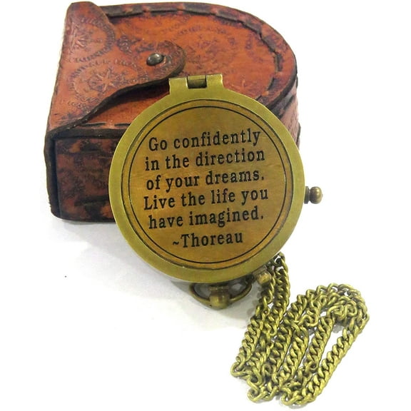 NauticalMart Brass Compass Thoreau's Go Confidently Quote Engraved with Stamped Leather case