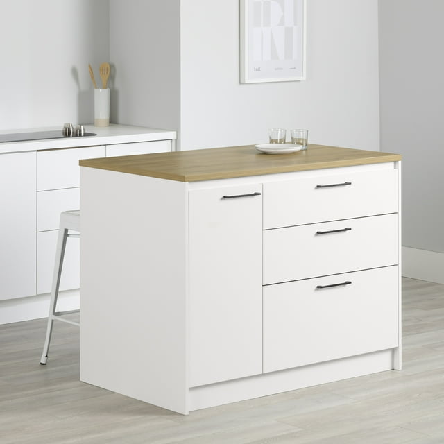 South Shore Myro Kitchen Island with Door and Drawers, in White and Maple Nutmeg