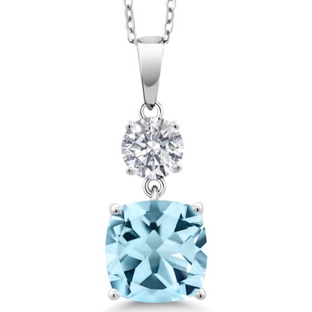 Gem Stone King 925 Sterling Silver Sky Blue Topaz and Lab Grown Diamond Pendant for Women | 4.99 Cttw | Gemstone November Birthstone | Cushion 10MM