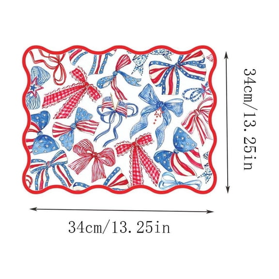 16.25x16.25 Inch 4th of July Bow Placemat, Red White Blue Star, Heat Resistant, Washable, for Kitchen Dining Table, Indoor Outdoor, Party