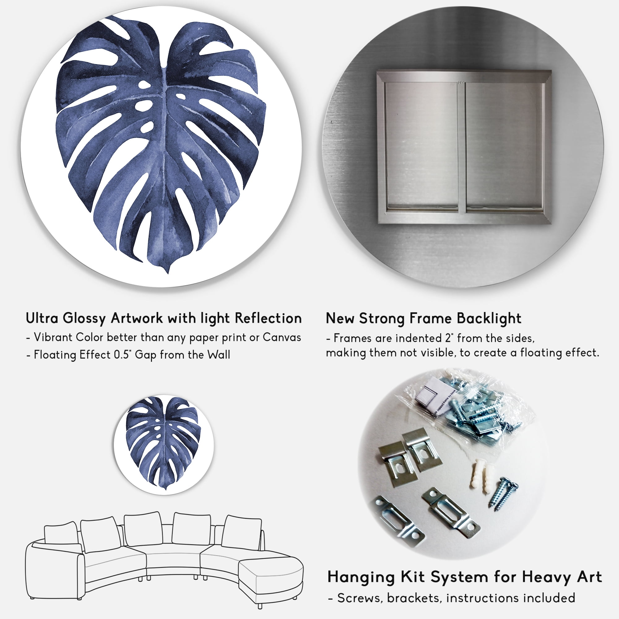 Designart 'Blue Watercolour Tropical Leaves III' Traditional Circle Metal Wall Art 29x29 - Disc of 29