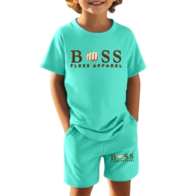 Fshinging Children Clothes Set Summer Letter Print Shorts Suit Short Sleeve Tops 2 Piece Set Tenue Garçon Size 8-9 Years