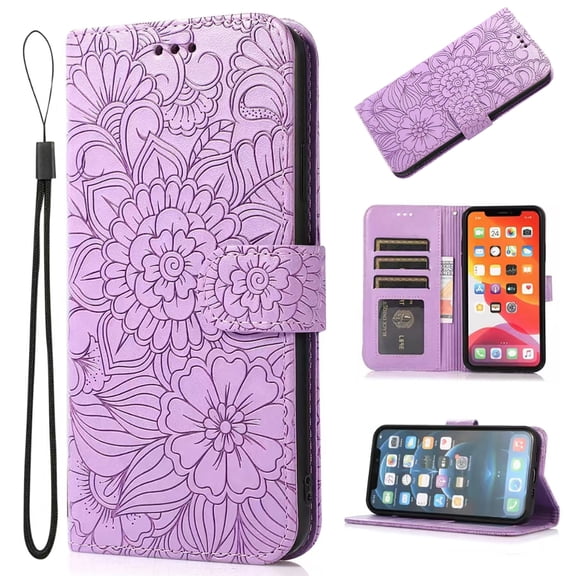 For iPhone Air Case, Premium Leather Magnetic Closure Flip Wallet Case with Card Holder Cash Slot Stand Function Embossed Flower Pattern Slim Shockproof Lanyard/Strap Cover,Purple