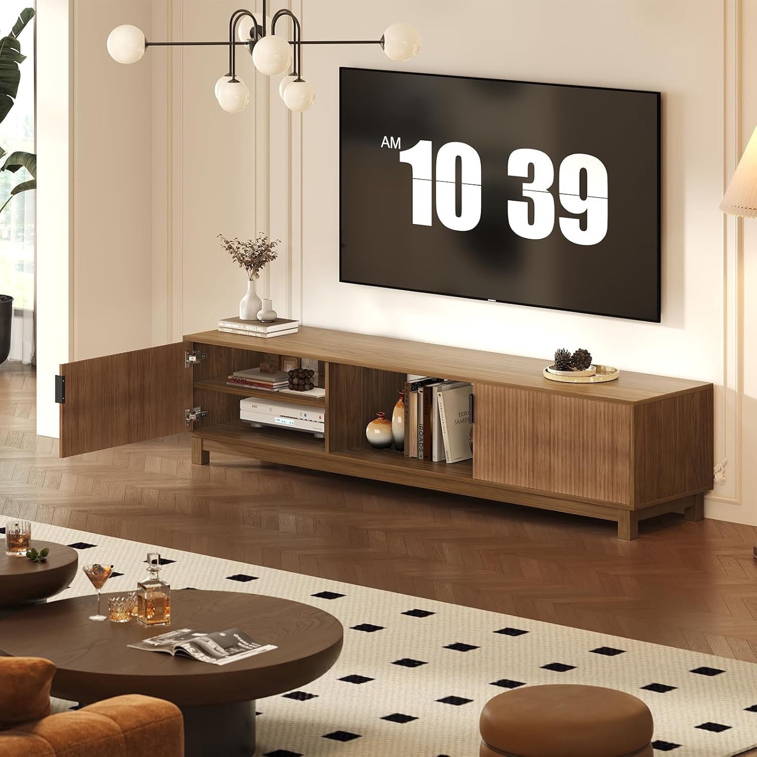 Fluted TV Stands for TVs Up to 80 Inches, Mid Century Modern Entertainment Center with Open Storage Compartments,Media TV Consoles 70" Long Wooden TV Console