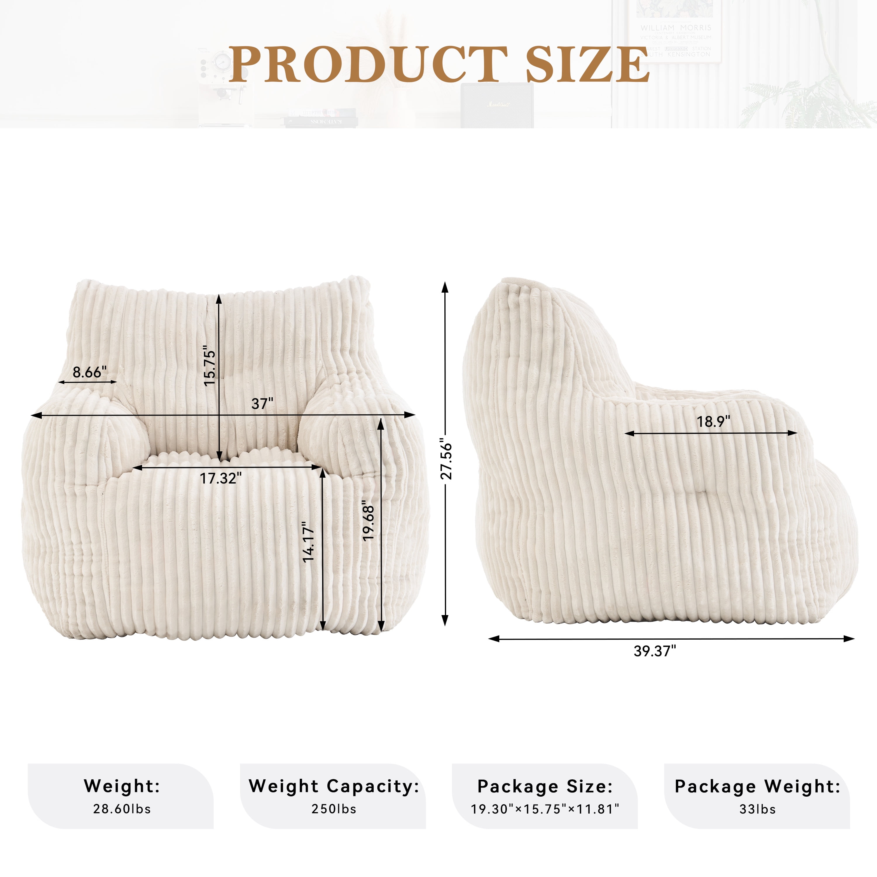 Soft Fluffy Corduroy Fabric Bean Bag Chair Filled With Memory Sponge, Beige