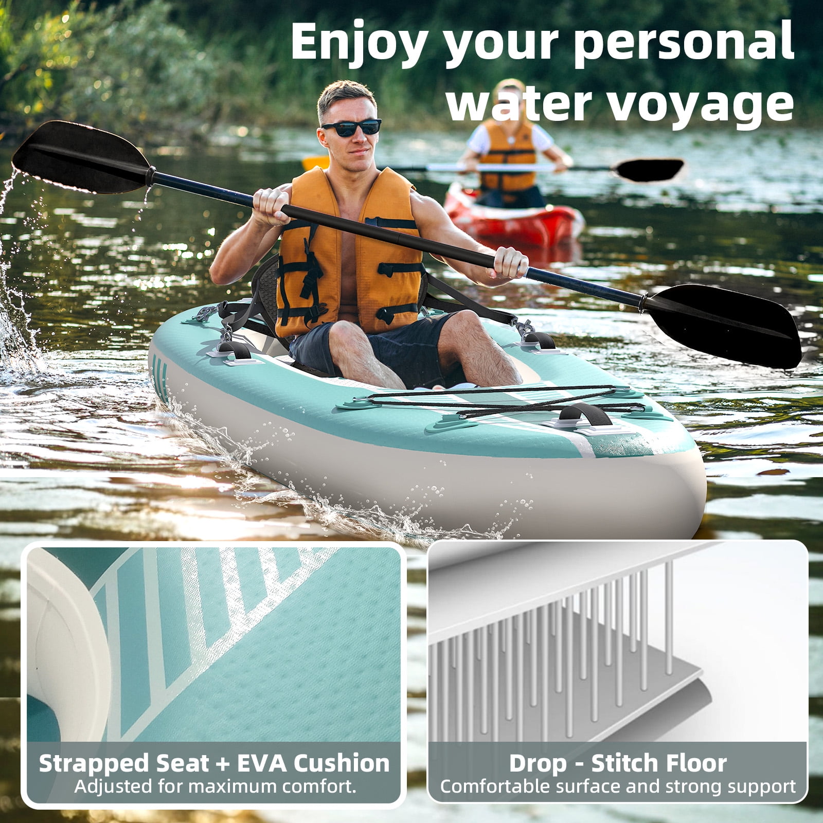 Danrelax 1 Person Inflatable Kayak for Adults, Drop-Stitch Floor, Tandem Kayak, Blue