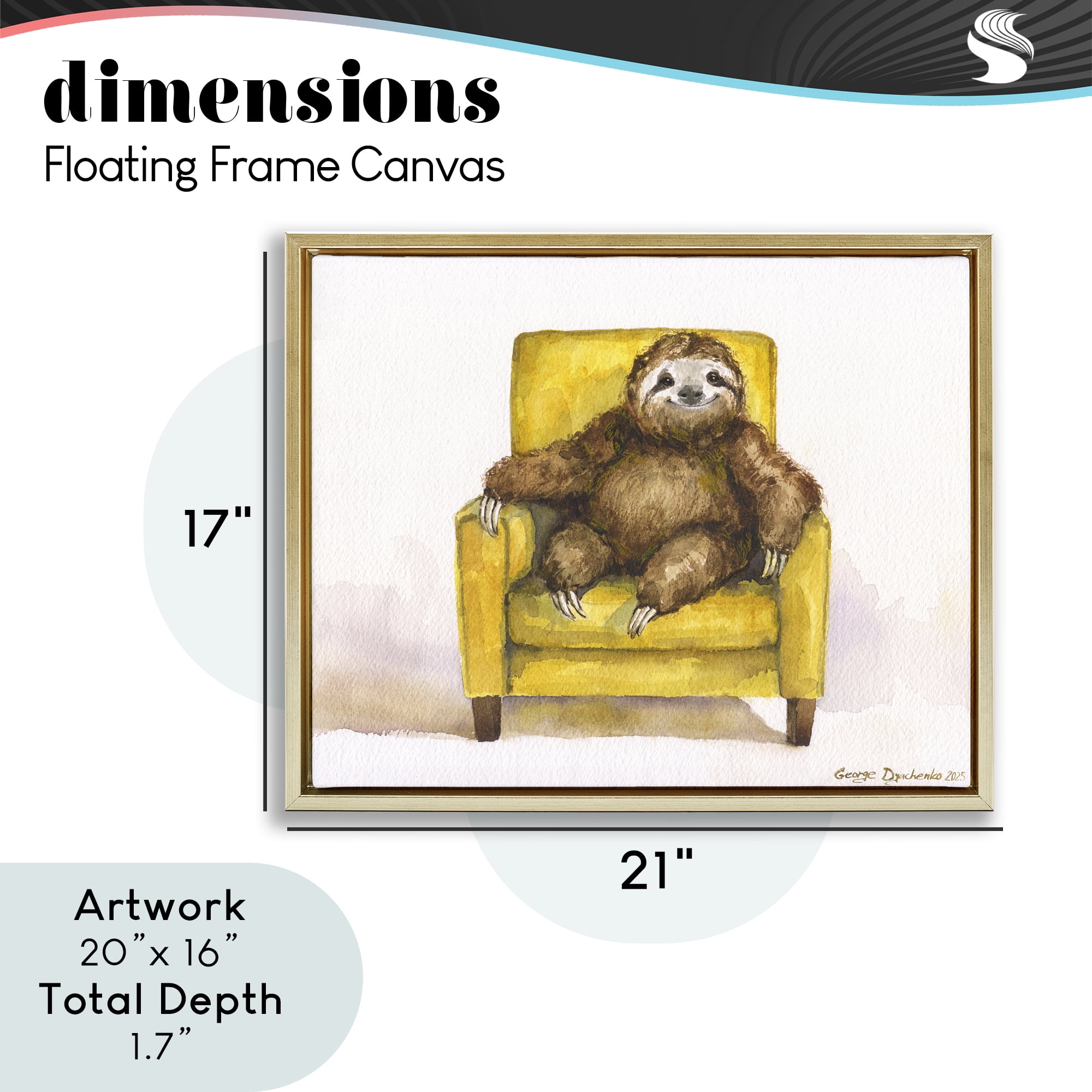 Stupell Industries Happy Sloth Relaxing on Armchair Gold Framed Floater Canvas Wall Art, design by George Dyachenko