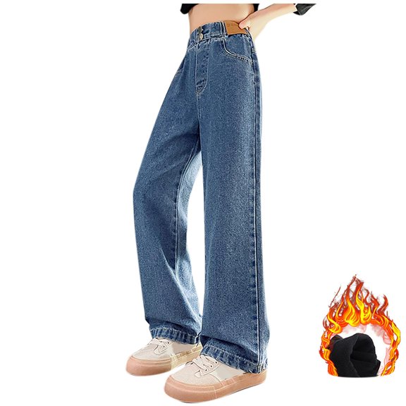 Girls' Fleece-Lined Jeans High Waist Straight-leg Denim Pants Loose Warm Jeans for Fall Winter Daily Outings (8-14Y)
