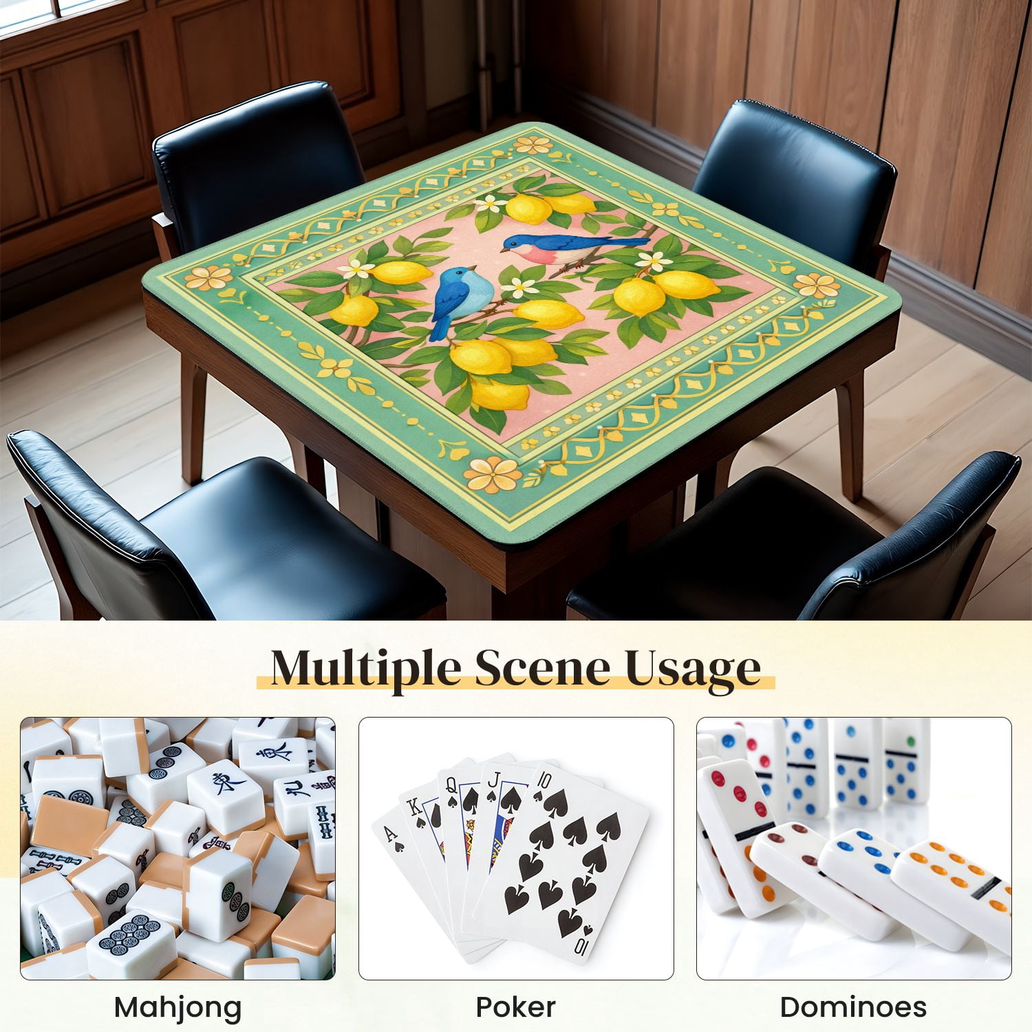 Mahjong Mat 31.5" x 31.5" Colorful Birds Lemons Floral Accents Non-Slip Noise Reduction Mahjong Tiles Table Cover for Dominoes Poker Card Board and Tile Games