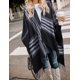 thumbnail image 2 of Capas de mujer, ropa de otoño estilo capa, cárdigan de lana de búfalo bohemio abierto al frente, suéter de capa a cuadros de gran tamaño con flecos, negro - Rayas, 2 of 5