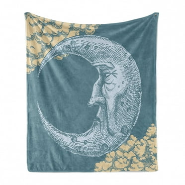 Moon Soft Flannel Fleece Blanket, Vintage Crescent Moon with Grumpy Facial Expression Abstract Hand Drawn Style, Cozy Plush for Indoor and Outdoor Use, 60" x 80", Slate Blue Mustard, by Ambesonne