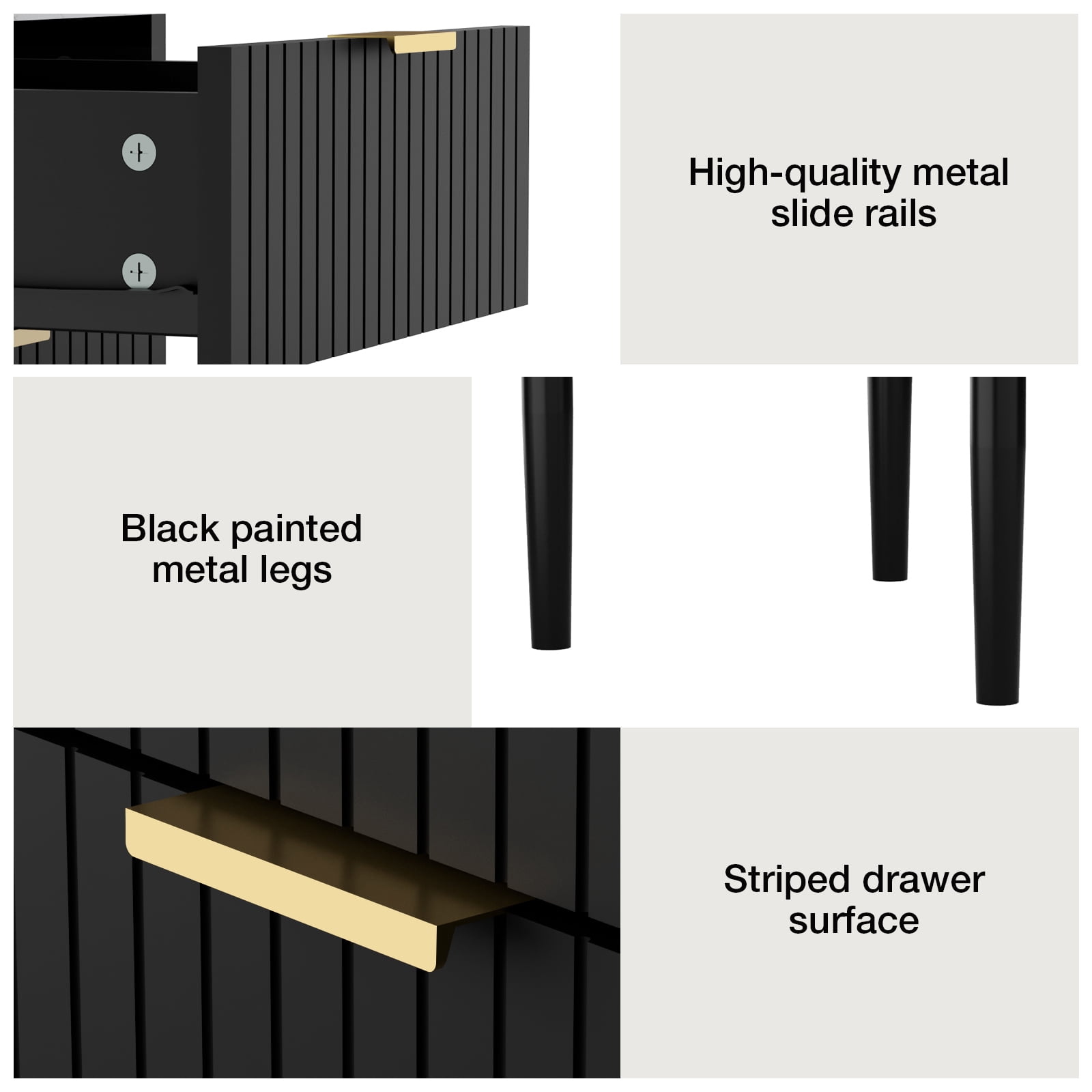 Eclife Set of 2 Nightstands Gold Handles Marble Top for Bedroom Adult Kids, Black