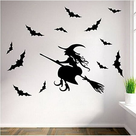 - Decal ~ Flying Witch and Bats ~ HALLOWEEN: WALL OR WINDOW DECAL, Witch and 12 Bats