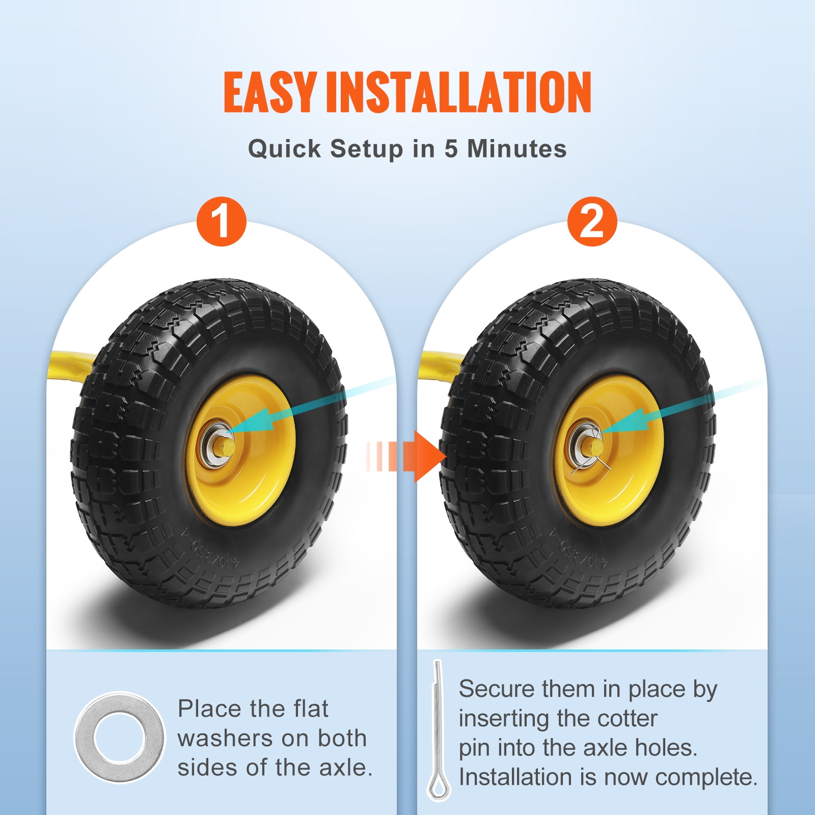VEVOR Solid PU Run-Flat Tire Wheel, 10", 2-Pack, 400 lbs Dynamic Load, 450 lbs Static Load, Flat Free Tubeless Tires and Wheels for Hand Truck, Utility Cart, Dollies, Garden Trailers, Various Carts