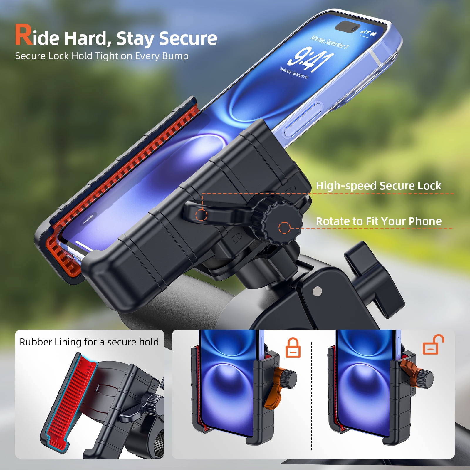 Marsrider 3rd-Gen Anti Vibration Motorcycle Phone Mount Bike Phone Holder, E-Bike Handlebar Cell Phone Holder with Secure Lock, Electric Scooter Phone Holder for Bicycle Stroller Fit 4.7-7'' Phone