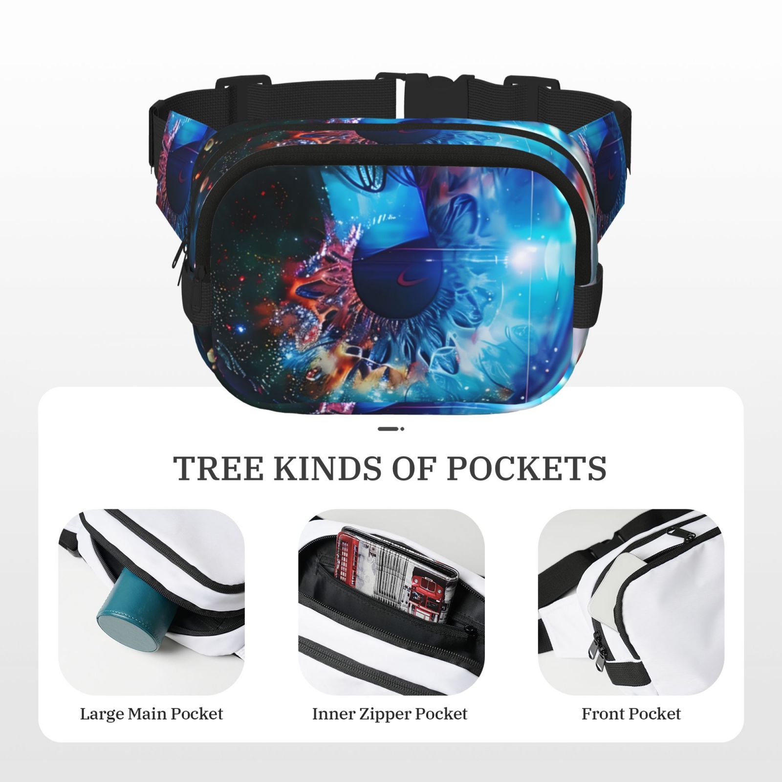 Picia Modern Colorful Eyes Print Square Double-Layer Waist Bag Mini Adjustable Waist Belt Bag Exercise Running Travel Hiking
