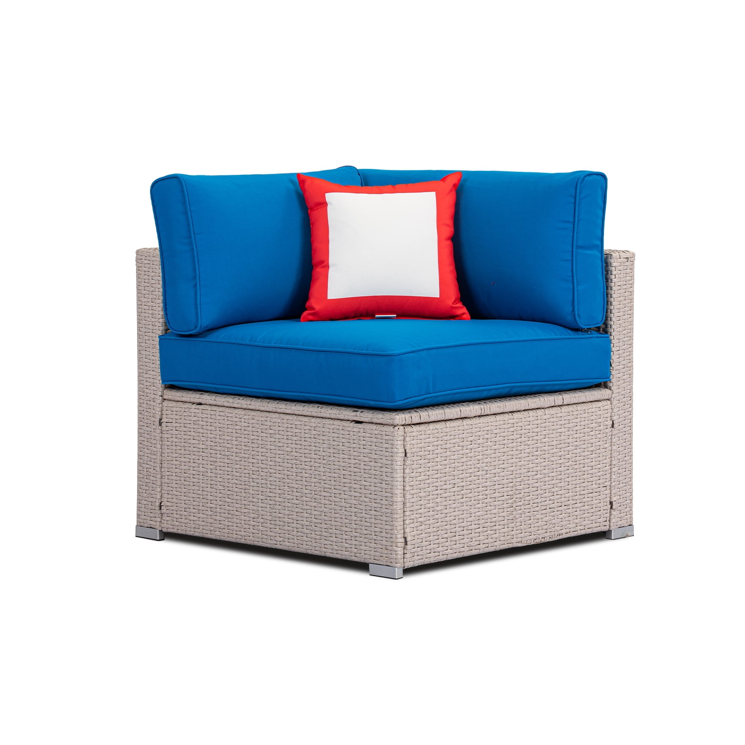 COSIEST Outdoor Furniture White Wicker Right Corner Chair with Blue