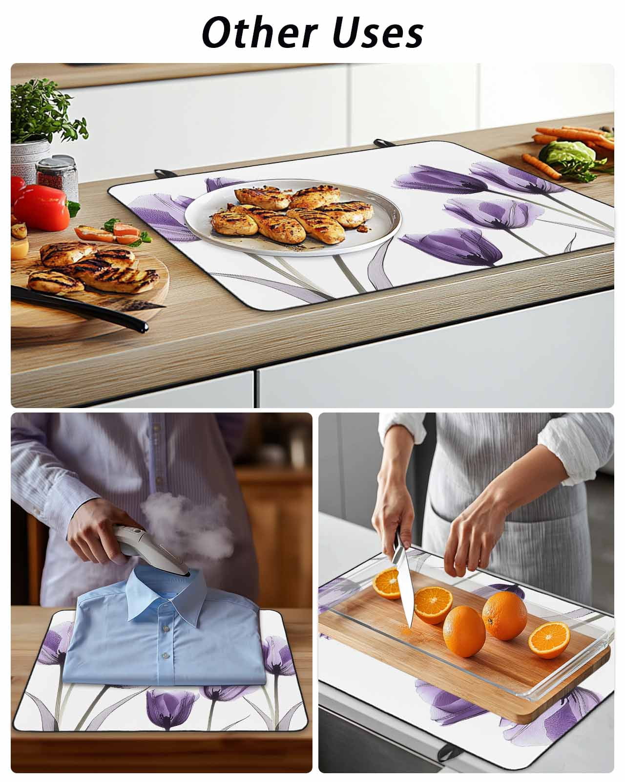 Stove Top Covers for Electric Stove, Purple Tulip Floral Glass Stovetop Cover Protector, Pastel Country White Wildflower Induction Cooktop Protector Oven Mat for Kitchen Countertop 24"x21"