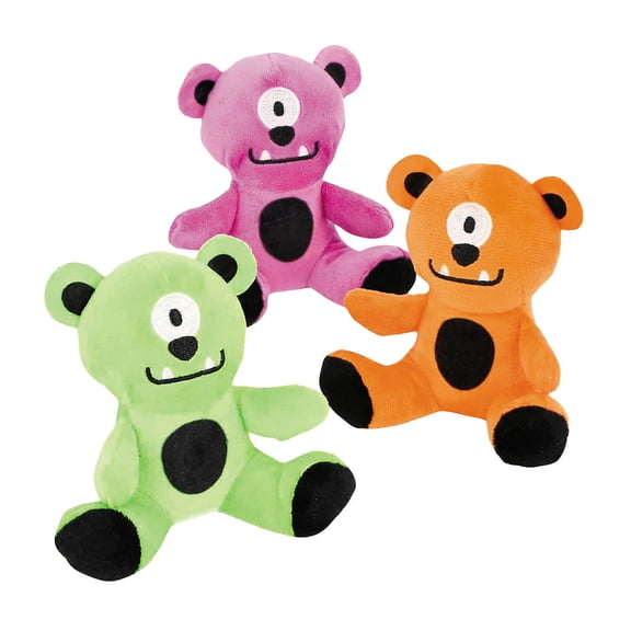 4 3/4" Halloween Orange, Green & Purple Stuffed Cyclops Bears - 12 Pieces