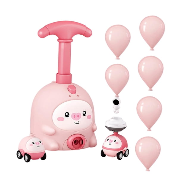 Experimento científico sobre el desarrollo de la inteligencia infantil: coche propulsado por un lanzador de globos. Rosa