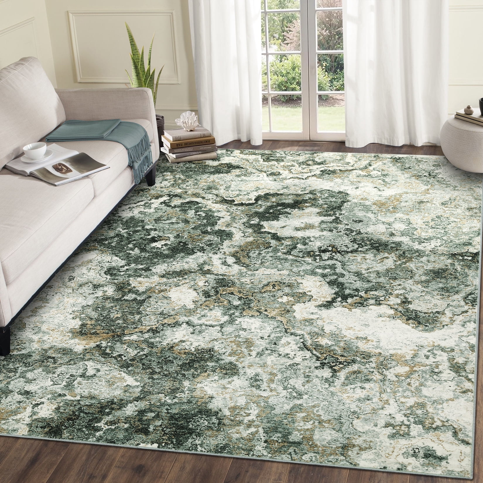 Garvee Modern Abstract Area Rugs for Living Room, 10'x13' Soft Large Washable Rugs Print Pattern Non Slip Floor Carpet, Low Pile Indoor Rug for Bedroom Dining Room, Green