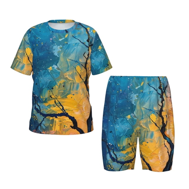 Balery Abstract Night Sky Tree Conjunto de Pijama Infantil de Manga Corta con Estampado – Ropa de Dormir de Algodón Suave-Medium