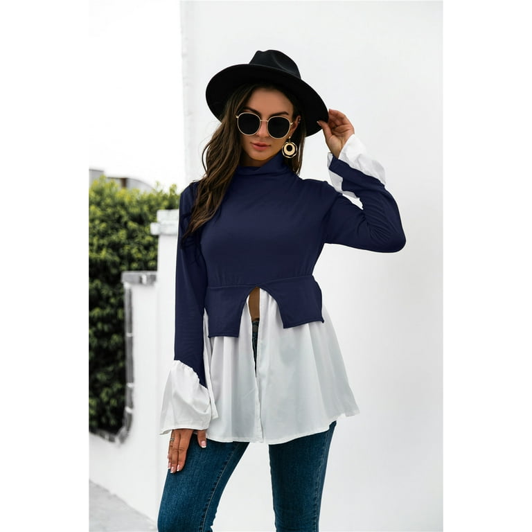 Color Block Patch Ruffle Hem Top - Walmart.com