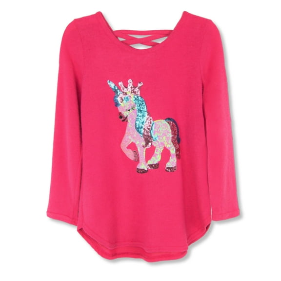 Poof Girl Soft Cotton Blend Sequin Unicorn Sweater Knit Top-Pink / M