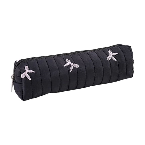 Quilted Aesthetic Pencil Pouch with Bow Embroidery, Slim Soft Padded Pencil Case for Office Desk Travel Makeup Brush Storage, 8.27 Inch