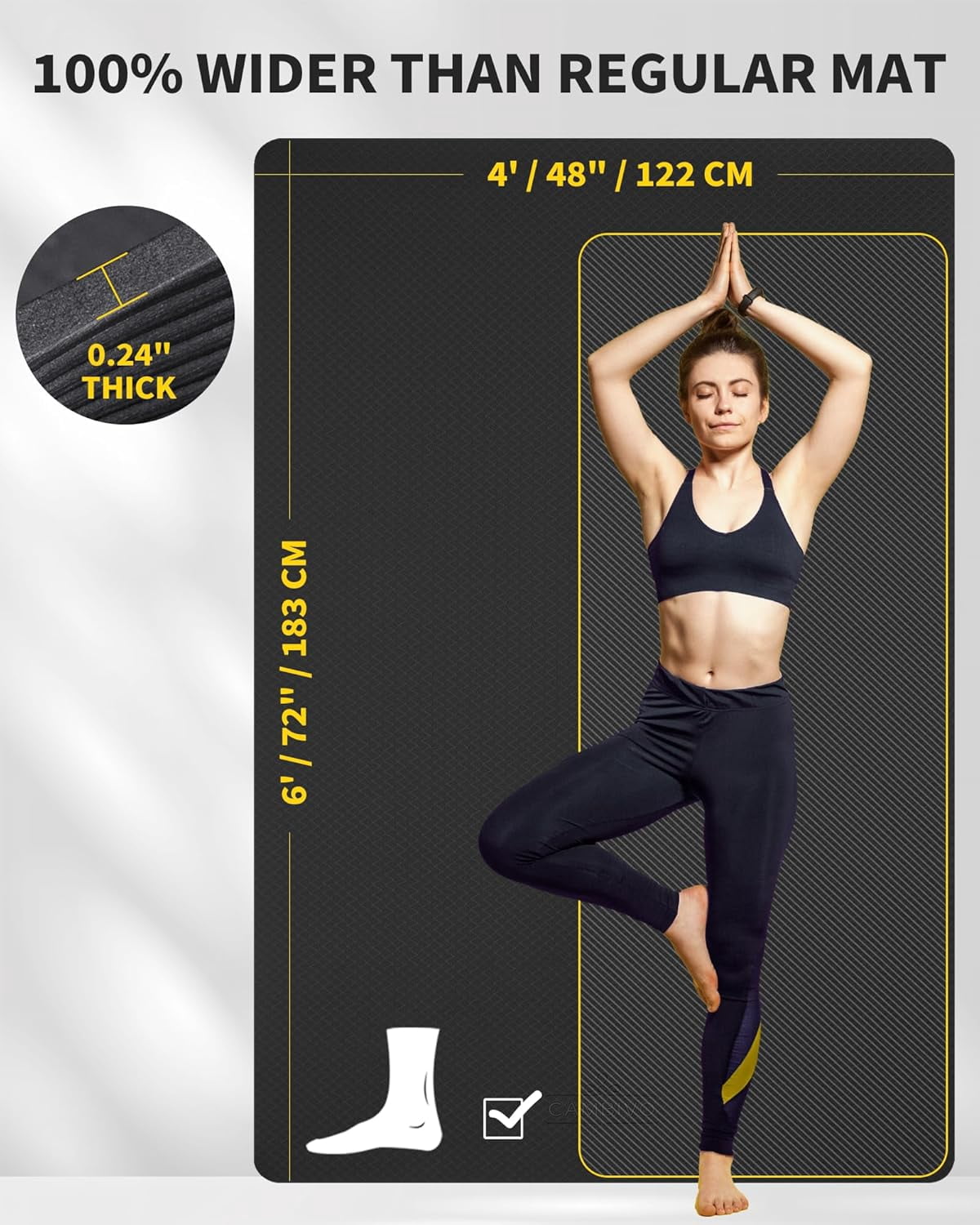 Large Yoga Mat (6'x 4'), Extra Wide Workout for Men and Women, 0.24''/0.32''/0.4''/0.48'' Thick Exercise Fitness TPE Home Gym, Yoga, Pilates, (Barefoot Exercise)