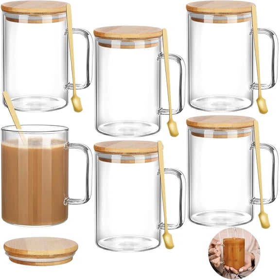 6 Sets 20oz Clear Glass Coffee Mugs Big Glass Mugs with Handles and Lids Large Tea Cups with Wood Lid and Gold Spoon Clear Cup for Latte Espresso Tea Cappuccino Hot Cold Beverages