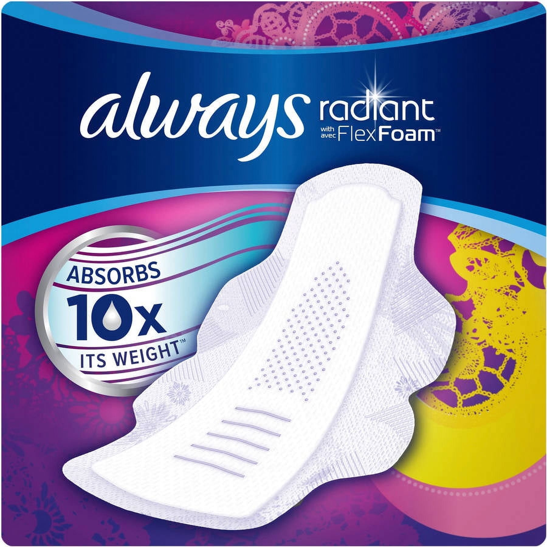 Always Radiant Infinity Overnight Feminine Pads with Wings, Scented, 24 Count