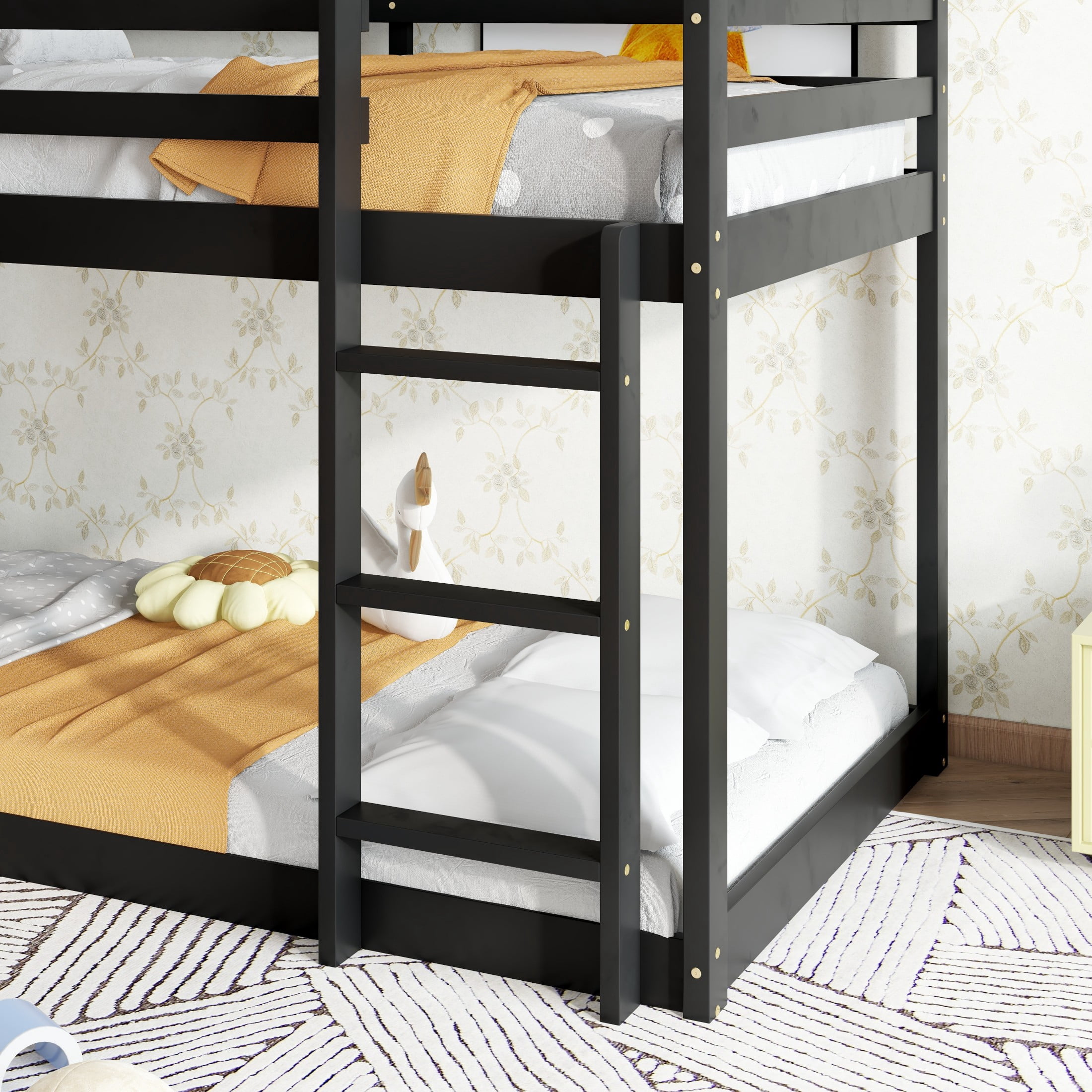 Alvantor Twin Over Twin Bunk Bed, Low House Bed with Guardrails for Kids Adults, Black