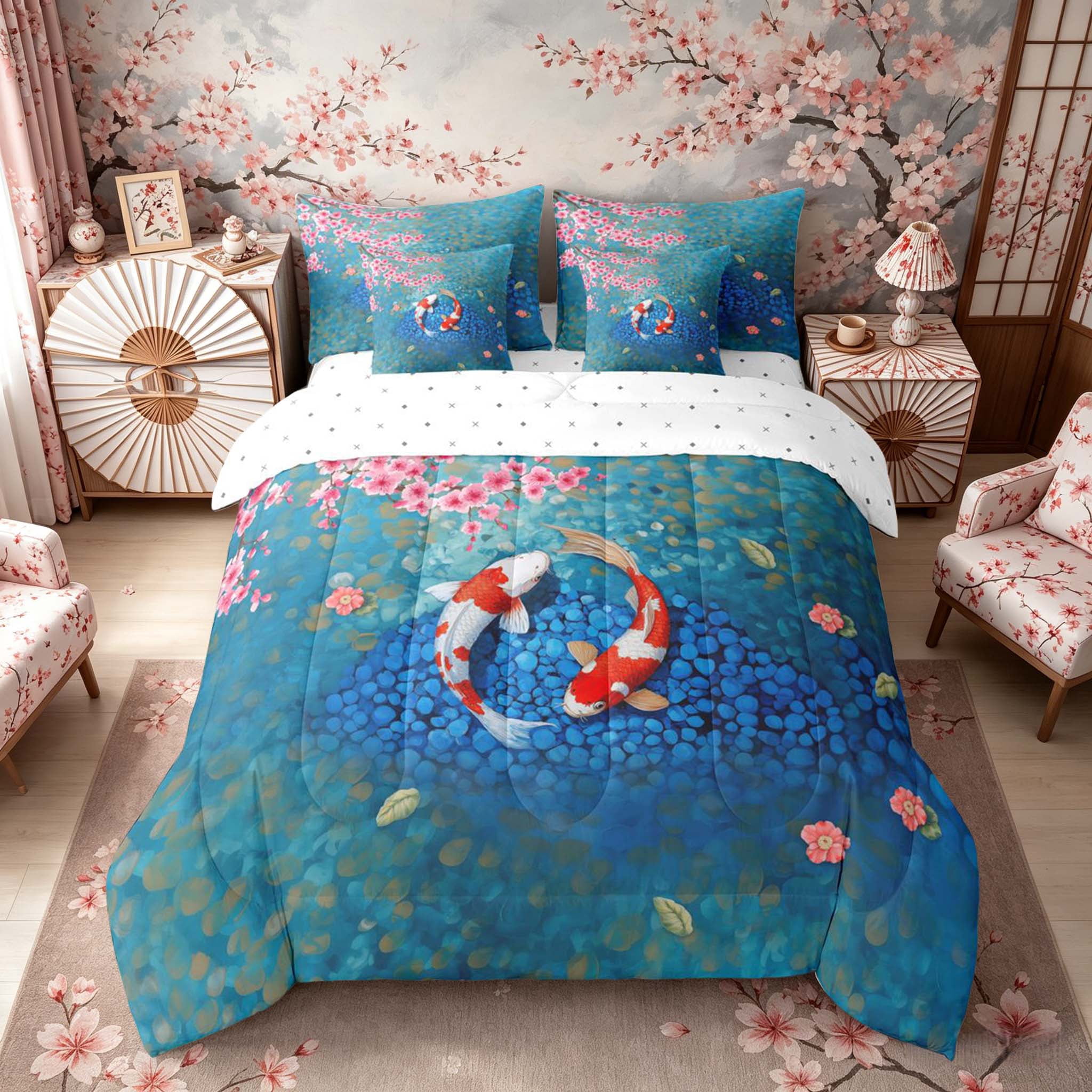 Manfei Oil Painting Koi Fish Bedding Comforter Set for Girls, Sakura Pond King Bedding Sets, Blue Pink, Reversible 7pcs