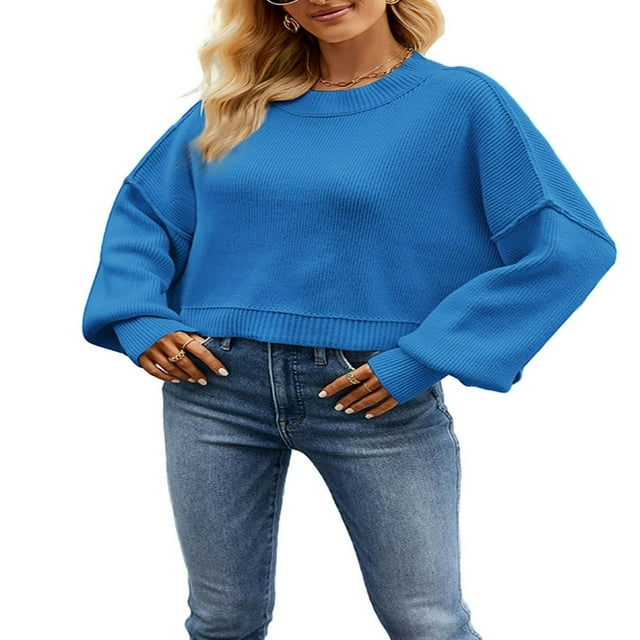 Chandail en Tricot pour Femmes Manches Longues Col Rond Uni Ample Chandail Chaud