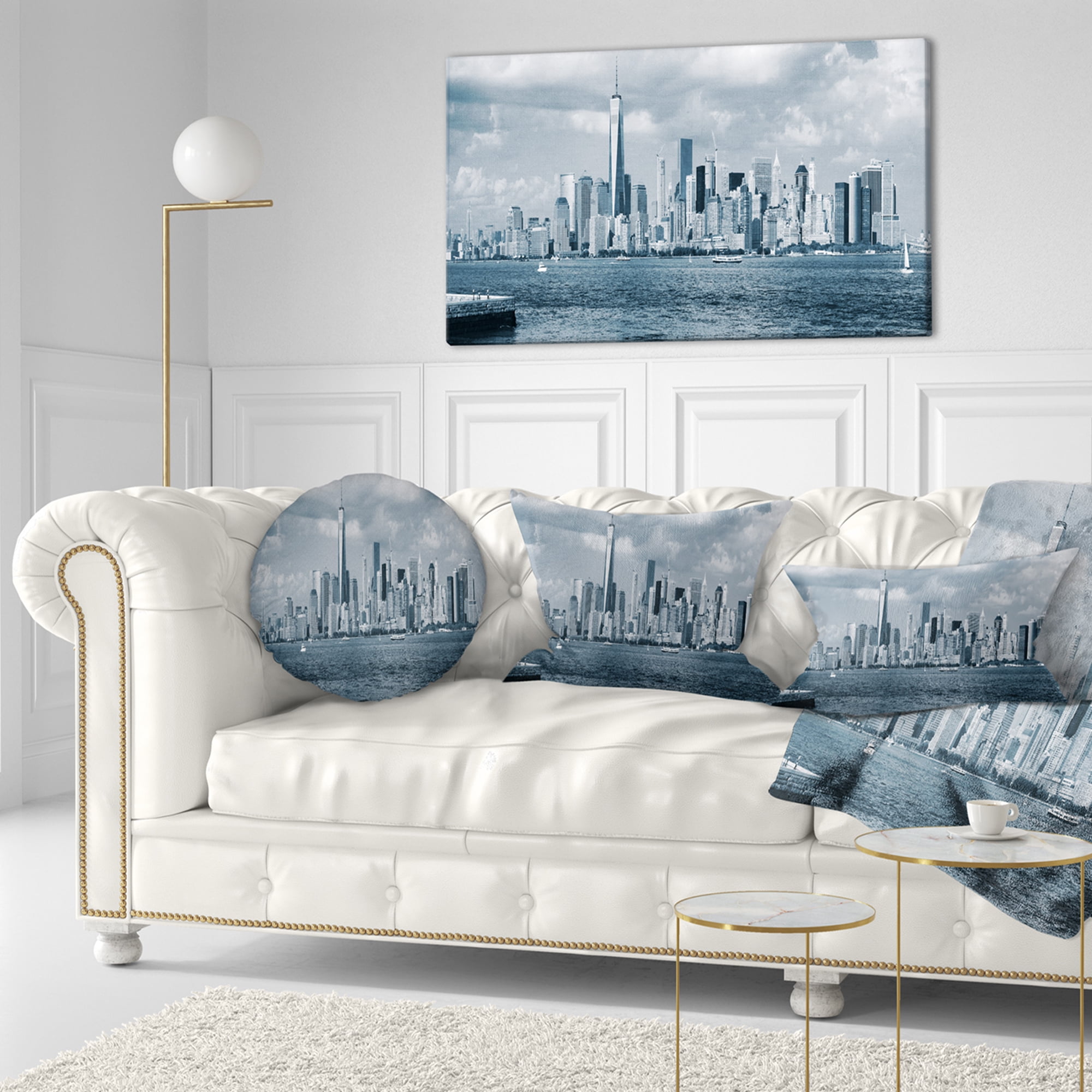 Designart Lower Manhattan Panorama Black White - Cityscape Throw Pillow - 12x20