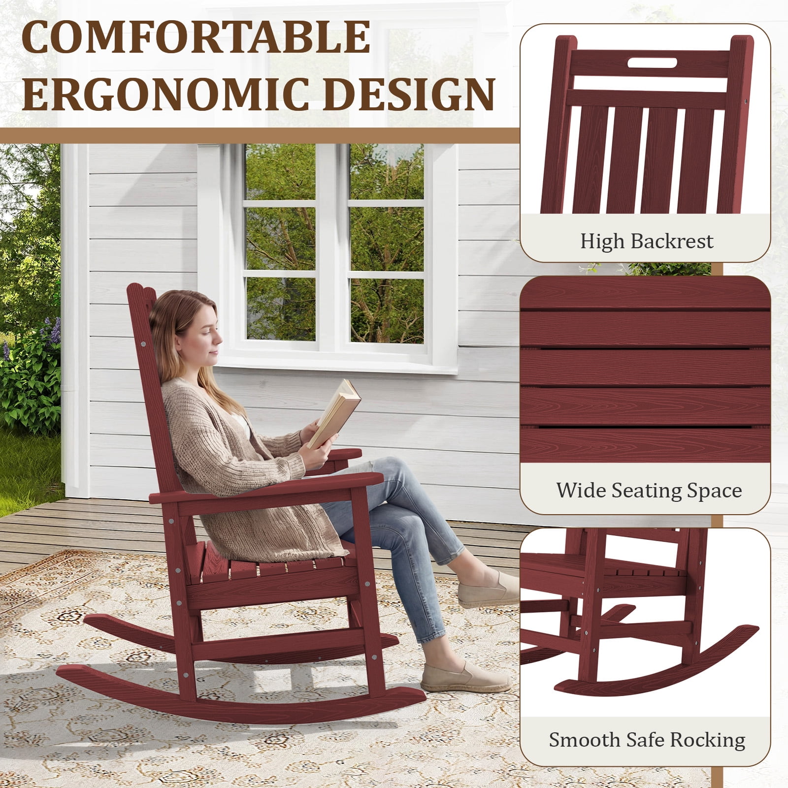 LOYALICE HDPE Outdoor Rocking Chair for Porch Patio, All-Weather High Back Rocker with Wood-Grain Texture, Heavy-Duty Deck Garden Seating, Fade-Resistant & Easy to Clean,Dark Red